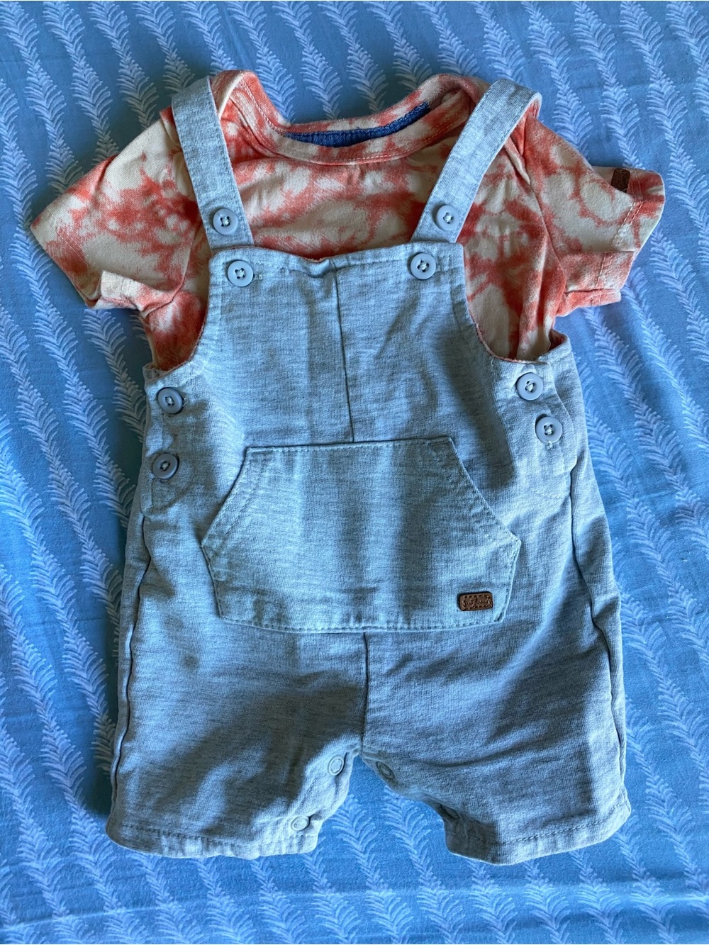 7 For All Mankind Baby 12M Soft Gray Overalls with Matching Coral Tie-Dye Tee